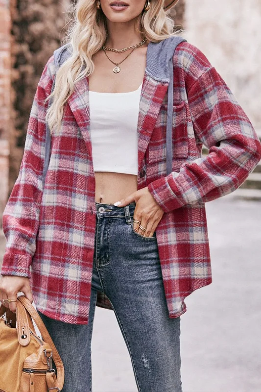 WOMEN FLANNEL PLAID HOODIE SHACKET