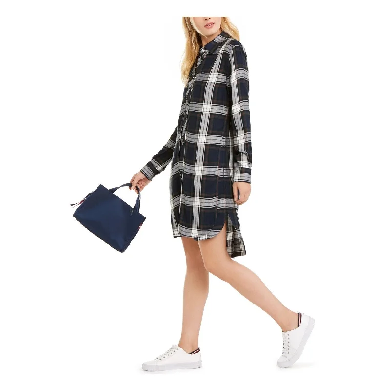 Tommy Hilfiger Women's Plaid High Low Shirtdress Blue Size 10